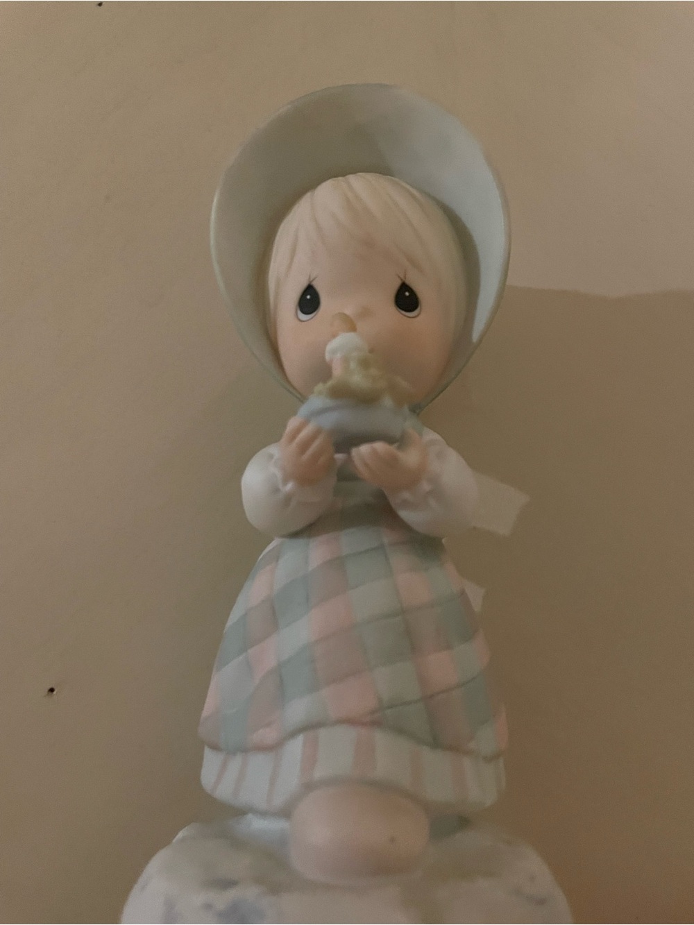 Enesco Pastel Blue and Pink Girl with Cup Porcelain Figurine